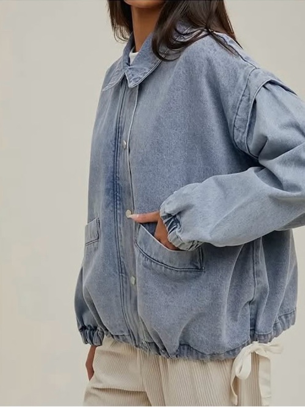 Wishlist Oversized Cotton Denim Cinch Hem Bomber Jacket Large - Picture 2 of 14